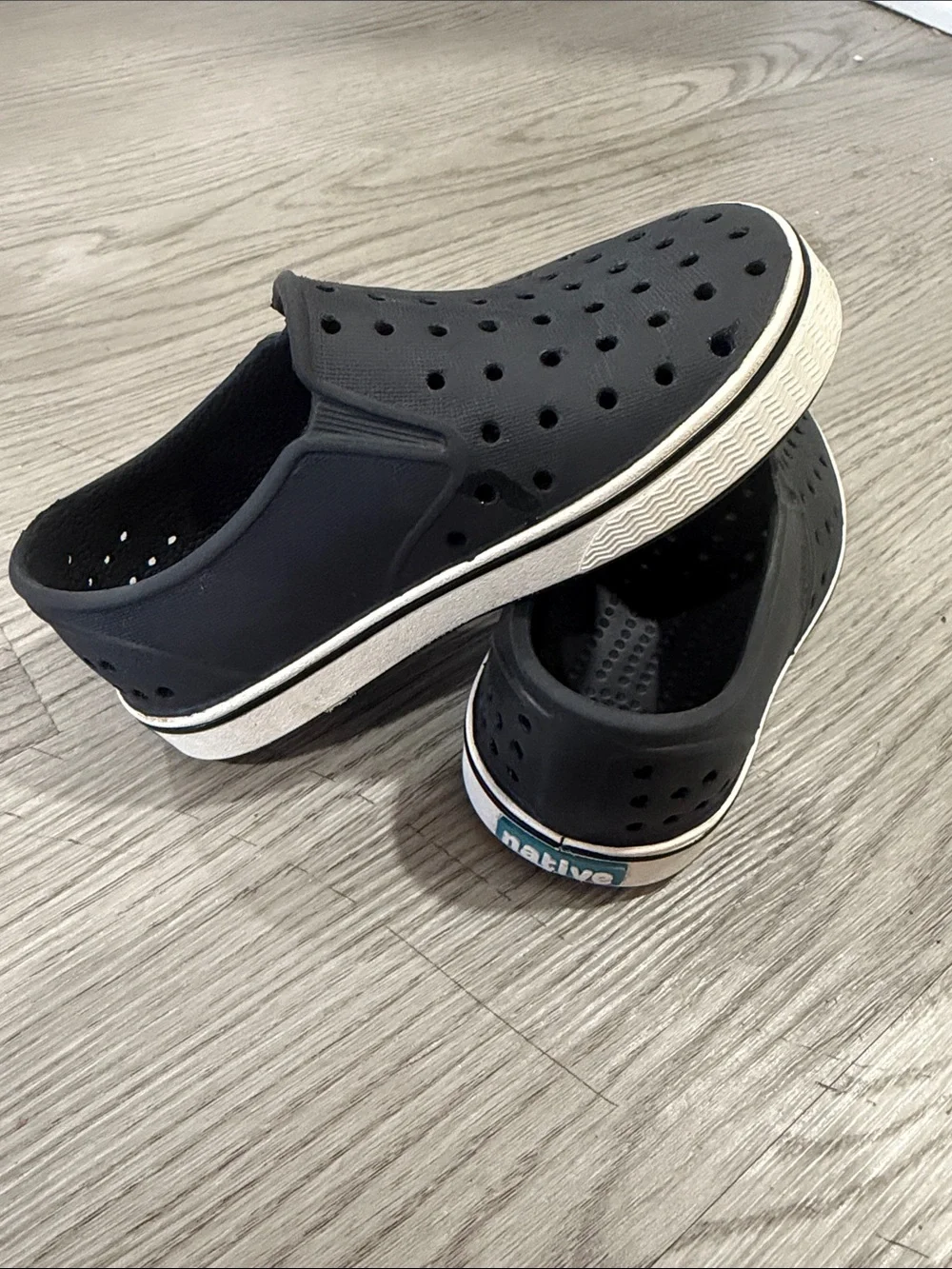Native Black Perforated Slip-On Loafers with Off-White Trim Toddler C8